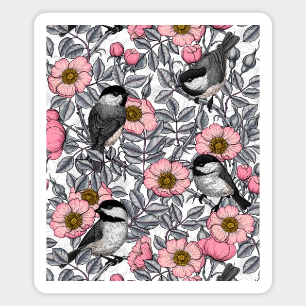 Chickadees in the wild rose, pink and gray Magnet by katerinamk